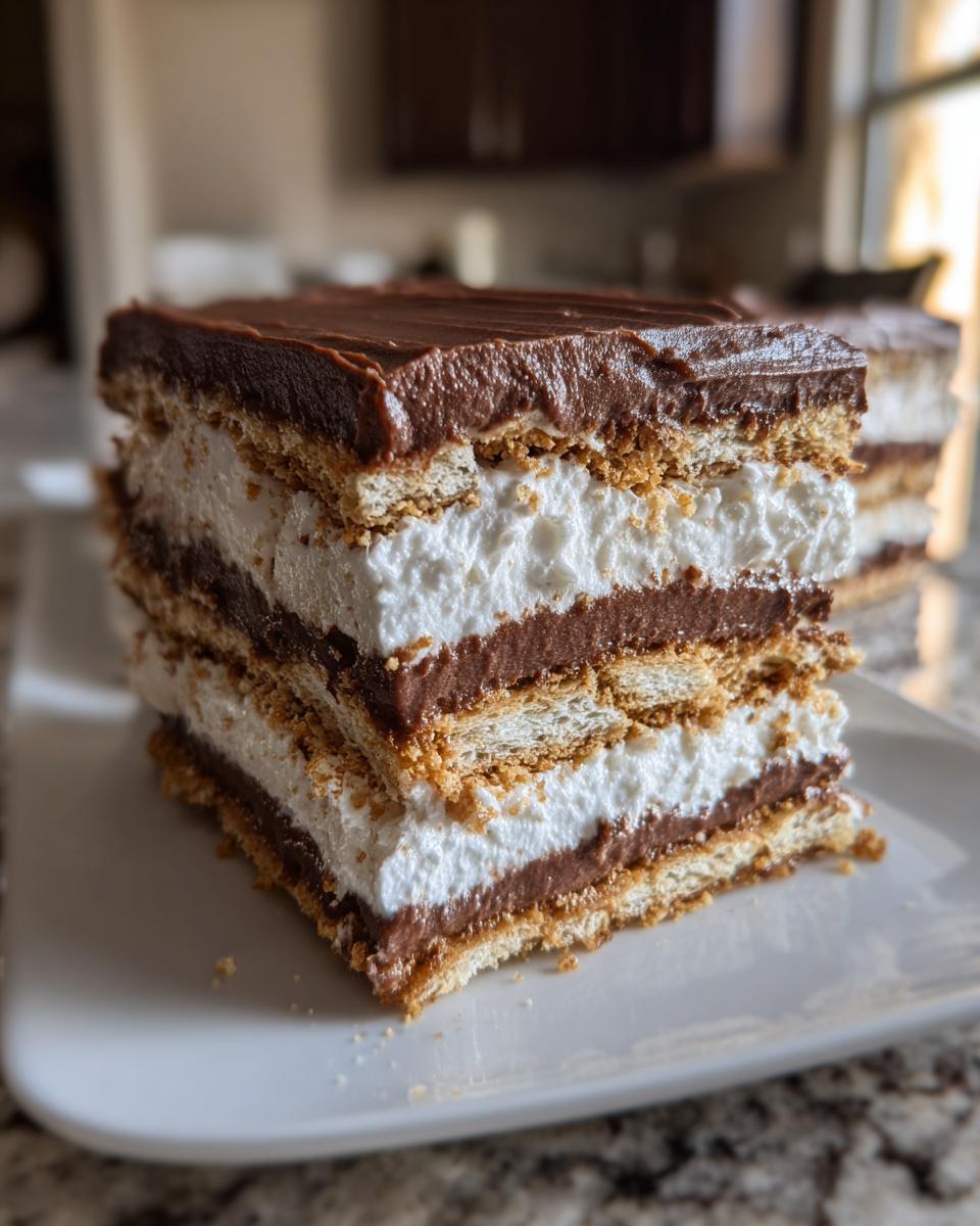 A tall, layered slice of eclair cake featuring graham crackers, white cream, and chocolate pudding layers, topped with chocolate frosting.