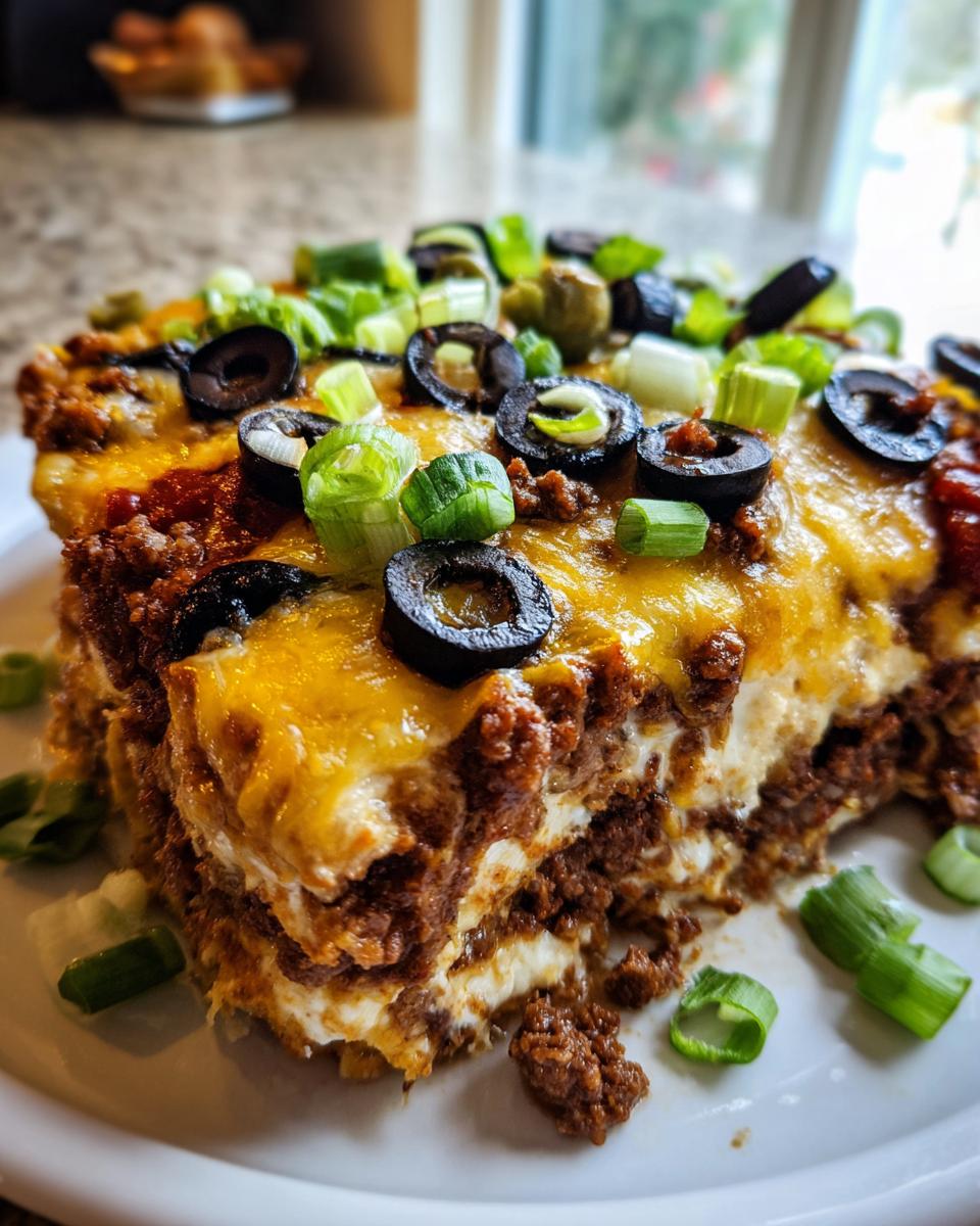 A thick, layered slice of baked texas trash dip topped with melted cheese, black olives, and green onions.
