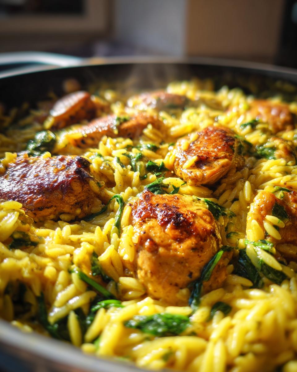 Close-up of steaming lemon chicken orzo mixed with wilted spinach in a skillet.