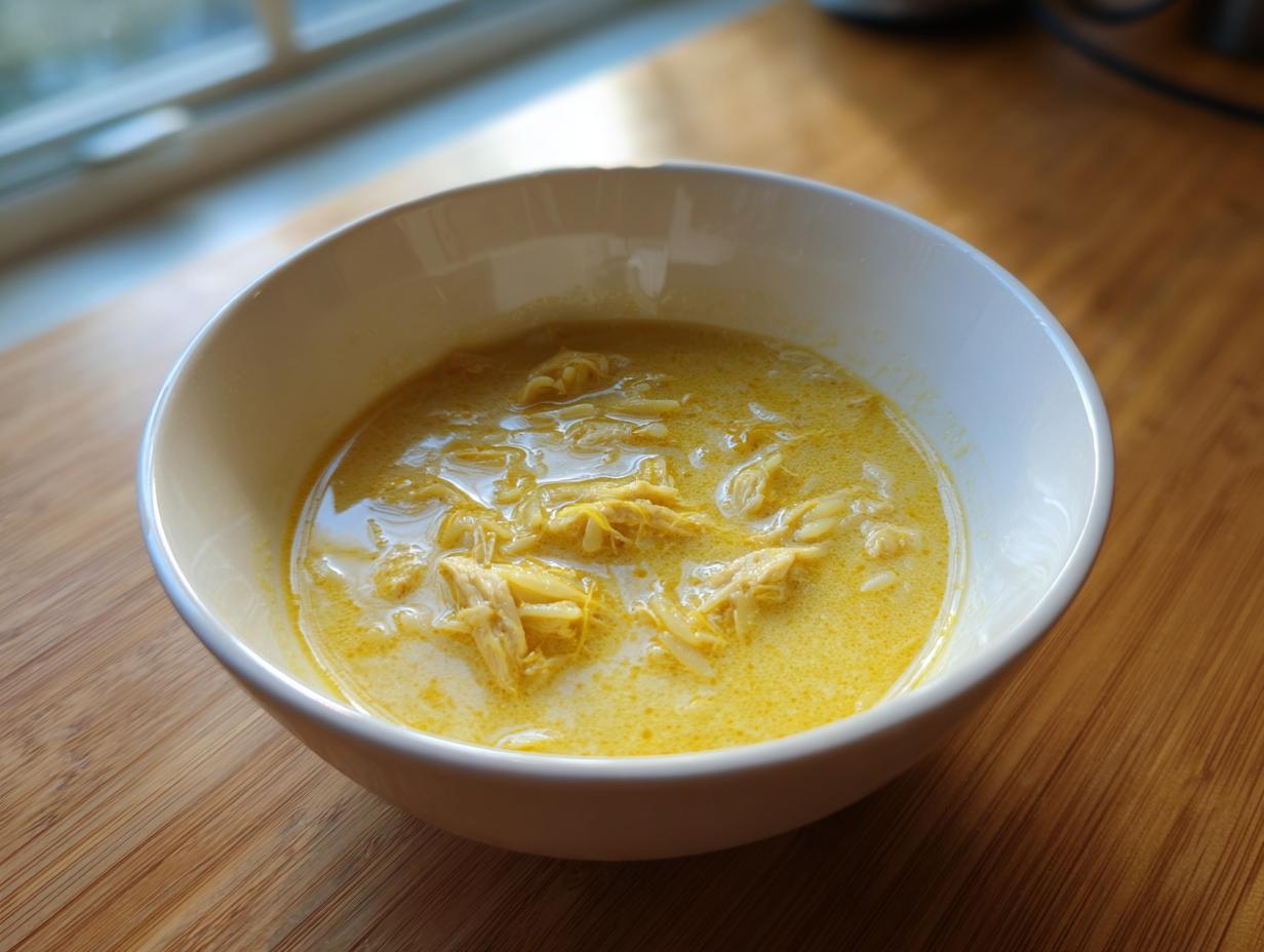 A white bowl filled with creamy, yellow lemon chicken soup featuring shredded chicken and noodles.