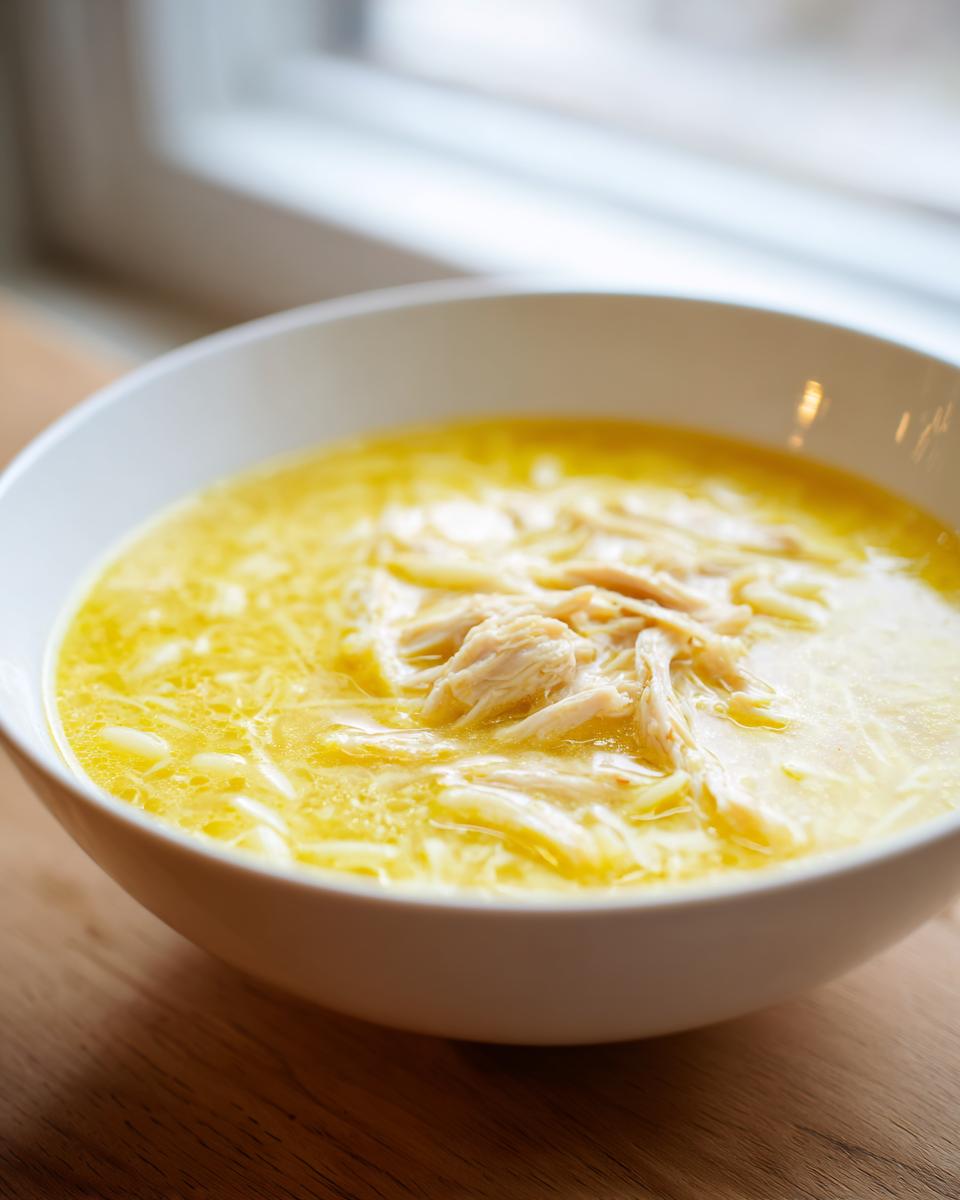 Close-up of a white bowl filled with bright yellow lemon chicken soup, topped with shredded chicken and noodles.