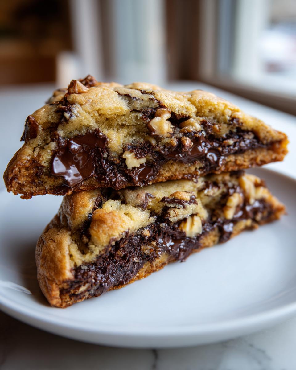 Two halves of a thick levain bakery chocolate chip cookies stacked, showing gooey melted chocolate and walnuts inside.