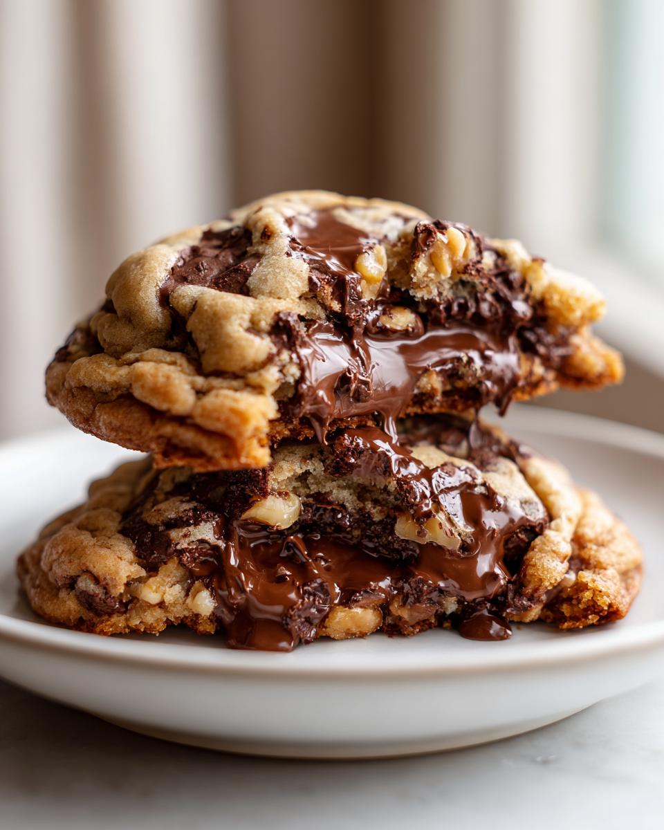 Two thick levain bakery chocolate chip cookies stacked, broken open to show gooey, melted chocolate center.