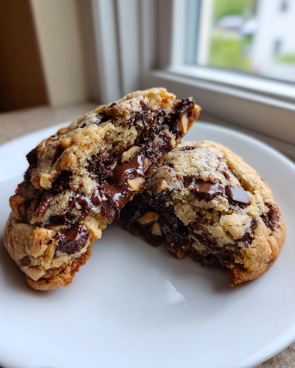 A thick levain bakery chocolate chip cookie broken in half showing a gooey, melted chocolate center and nuts.