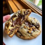 Close-up of a levain bakery chocolate chip cookies half broken open showing melted chocolate center and walnuts.