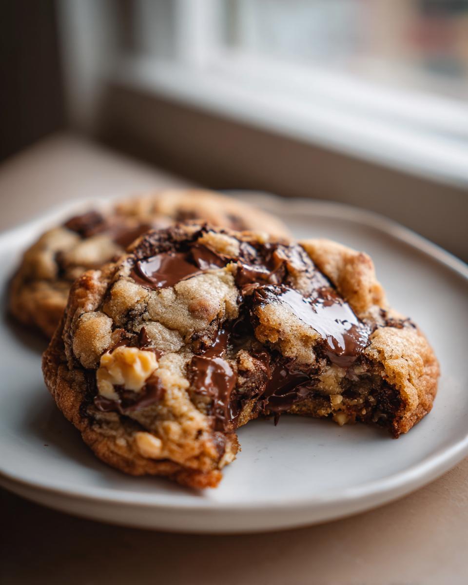 Close-up of a levain bakery chocolate chip cookies, broken open to show gooey, melted chocolate chips.
