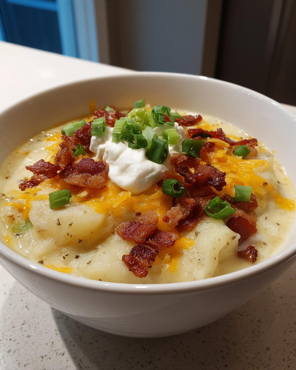 A creamy bowl of loaded baked potato soup topped generously with bacon bits, shredded cheddar, sour cream, and green onions.