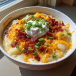A creamy bowl of loaded baked potato soup topped generously with shredded cheddar, bacon bits, sour cream, and chives.