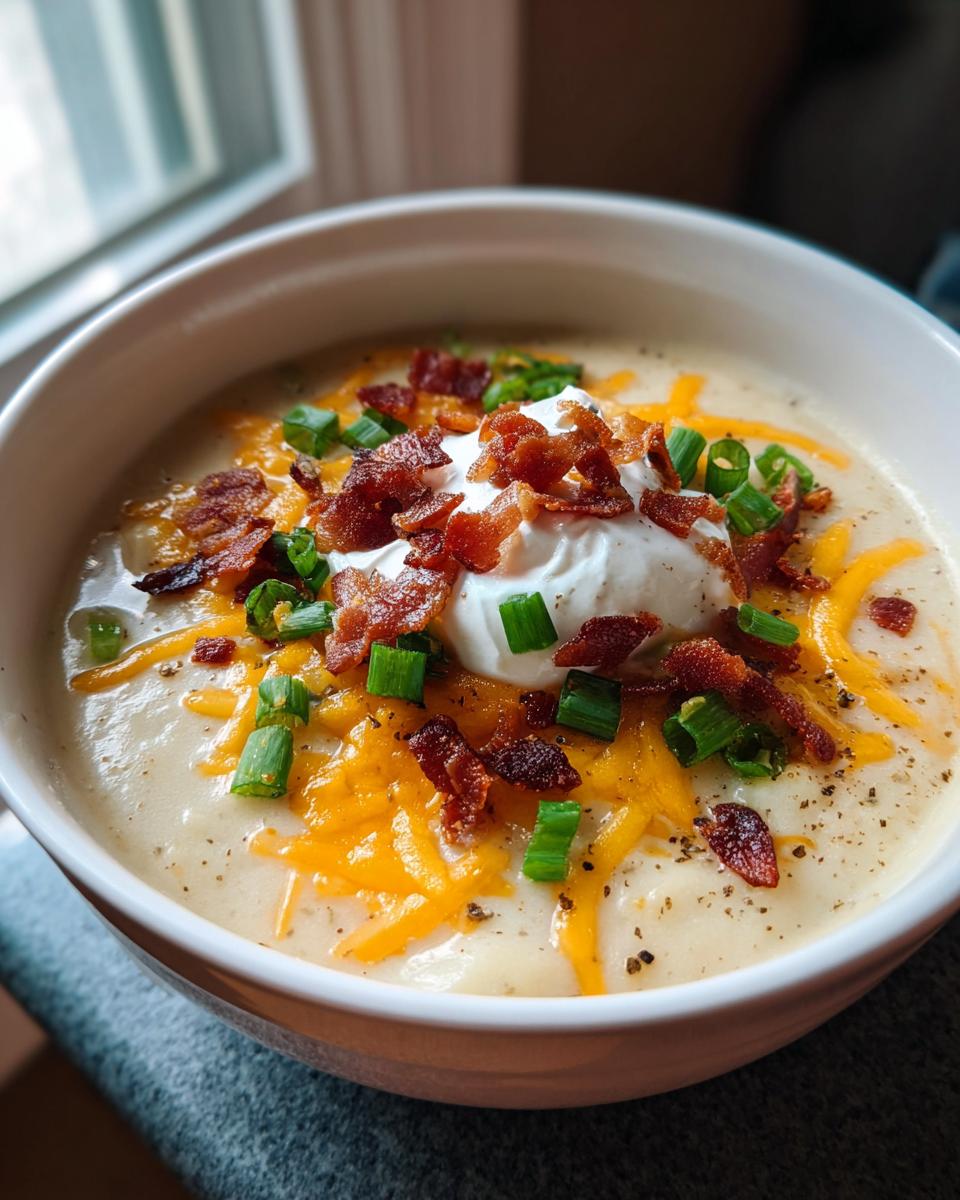 A creamy bowl of loaded baked potato soup topped with sour cream, shredded cheddar, bacon bits, and green onions.