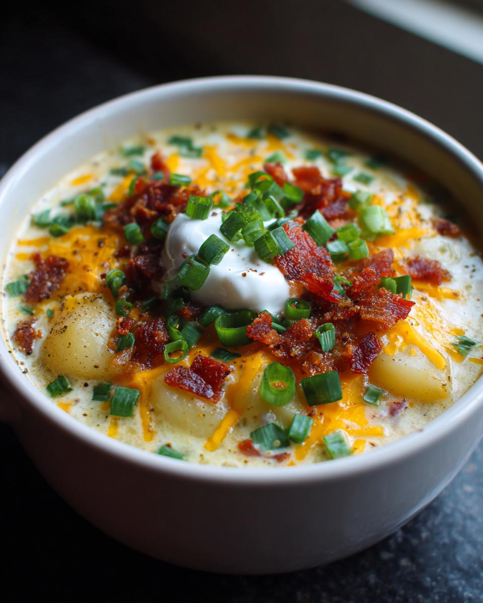A creamy bowl of loaded baked potato soup garnished with sour cream, bacon bits, cheddar cheese, and green onions.