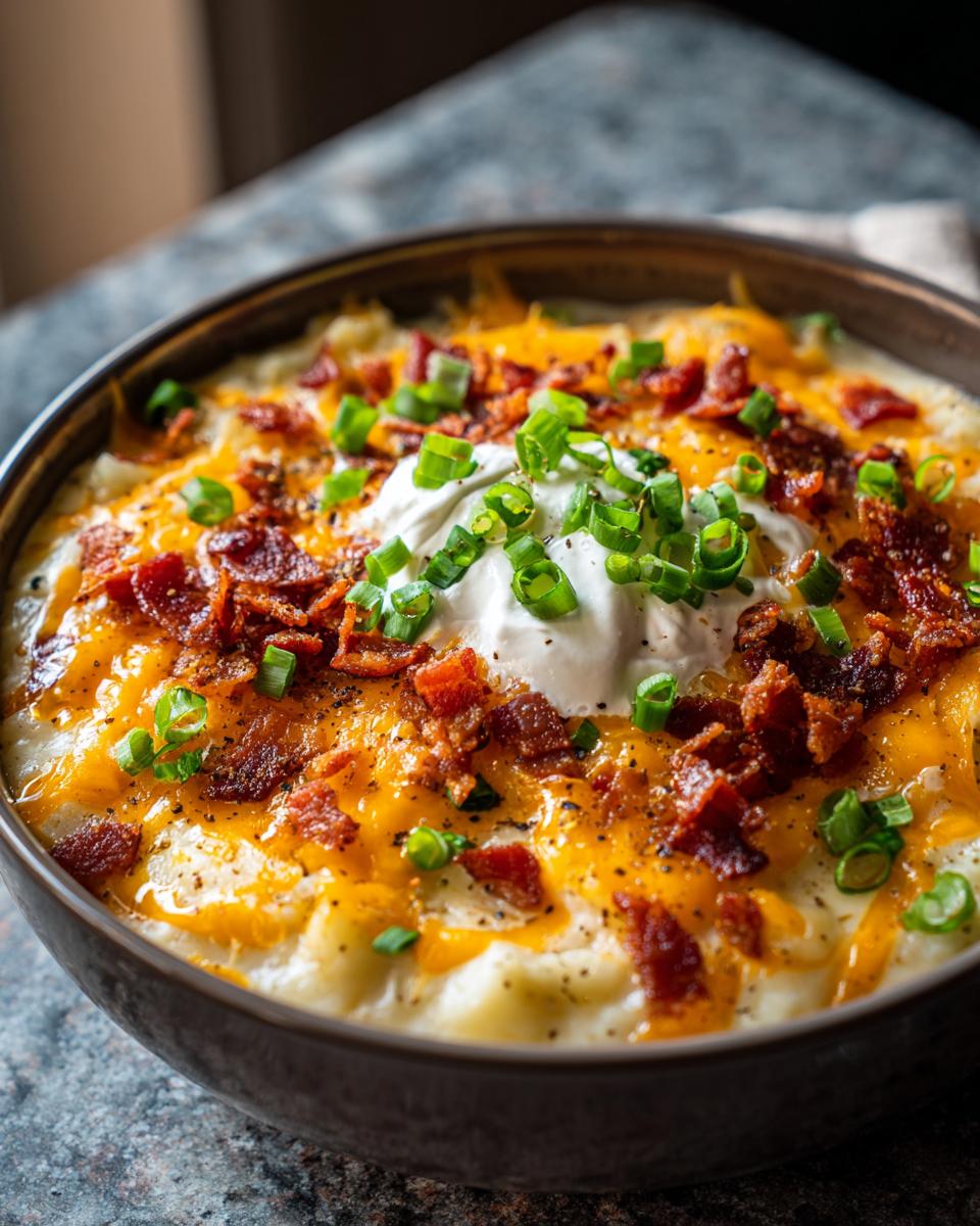 Close-up of a rich bowl of loaded baked potato soup topped with cheese, bacon, sour cream, and chives.