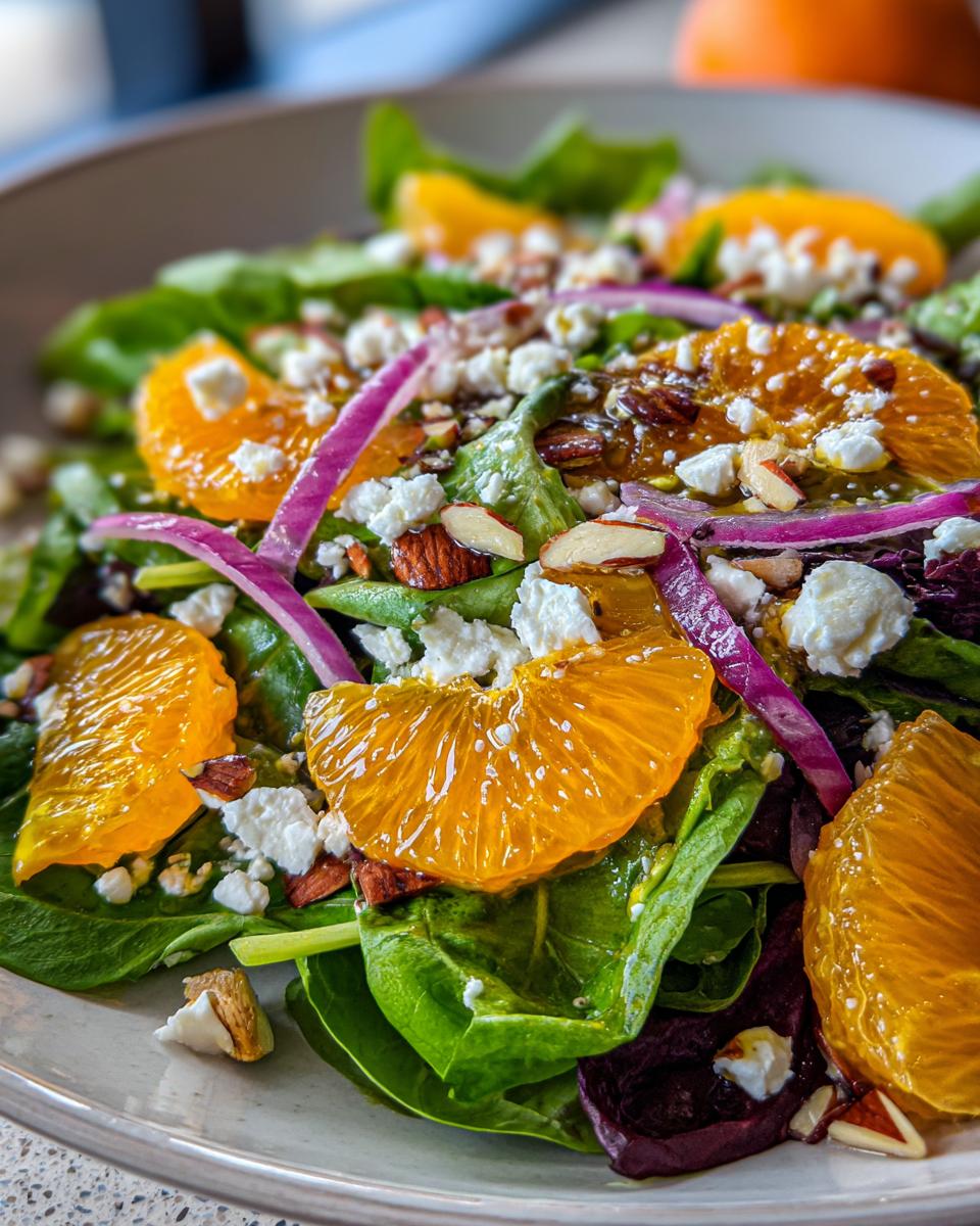 Close-up of a vibrant mandarin orange salad featuring spinach, feta cheese, red onion, and sliced almonds.