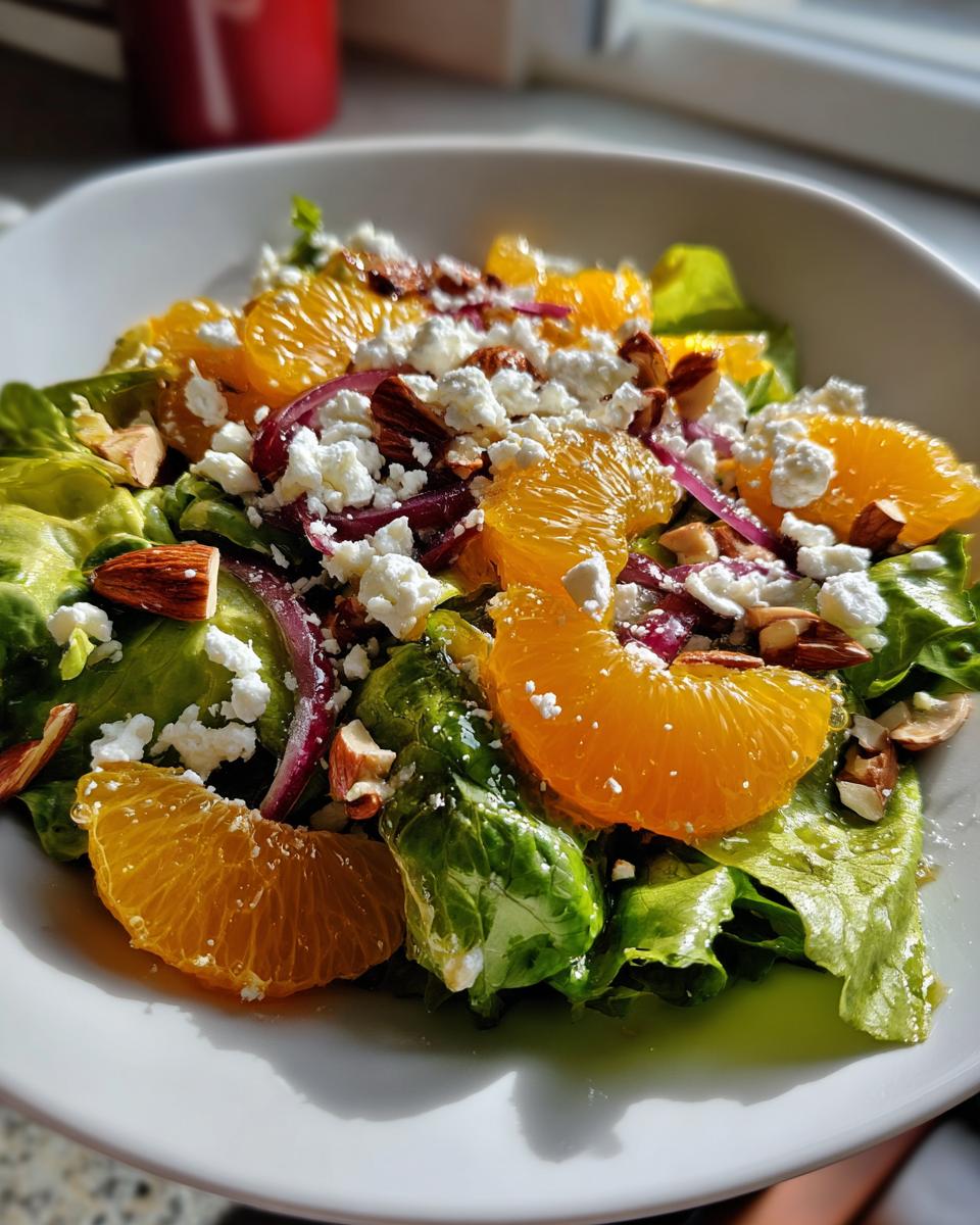 Close-up of a vibrant mandarin orange salad featuring lettuce, feta cheese crumbles, sliced red onion, and almonds.