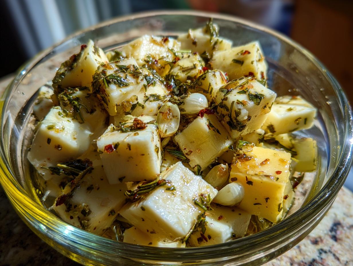 Cubes of white cheese soaking in olive oil, herbs, garlic cloves, and chili flakes, showcasing the delicious marinated cheese.