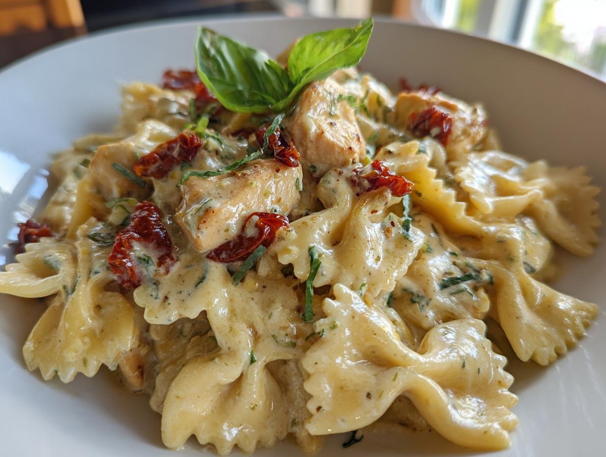 Close-up of Marry Me Chicken Pasta featuring farfalle, creamy sauce, chicken pieces, and sun-dried tomatoes.