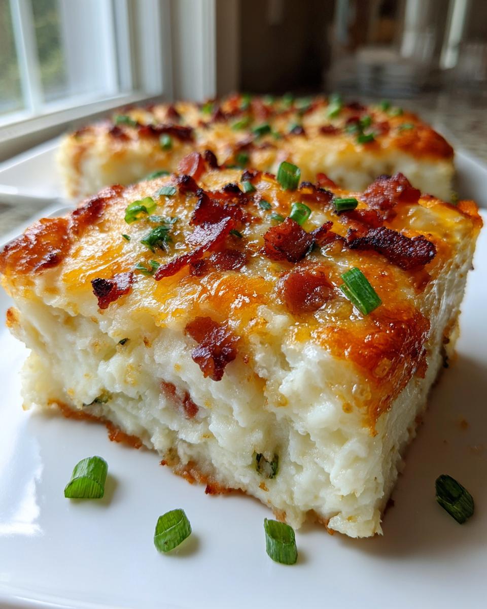 A thick slice of creamy mashed potato casserole topped with melted cheese, crispy bacon bits, and chives.