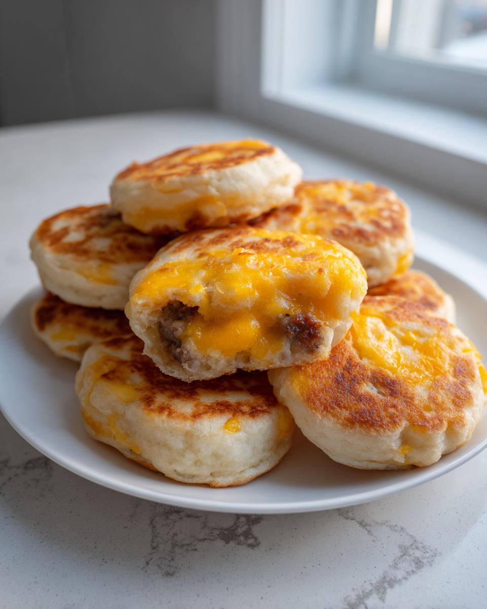 A stack of golden-brown McGriddle Bites topped with melted cheddar cheese, one is cut open showing sausage filling.