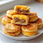 A stack of golden-brown McGriddle bites filled with sausage and melted cheddar cheese, one cut in half showing the filling.