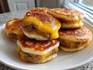 A stack of five homemade McGriddle bites featuring sausage, melted cheese, and griddled pancakes.