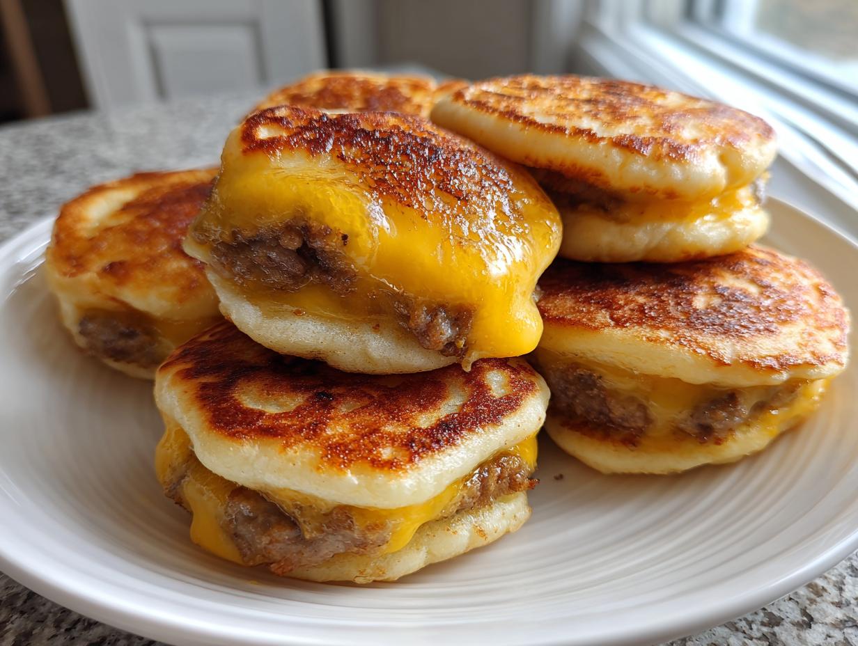 A stack of five homemade McGriddle bites featuring sausage, melted cheese, and griddled pancakes.