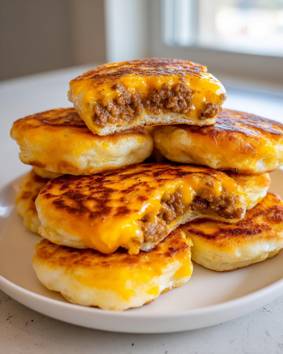 A stack of golden-brown McGriddle Bites filled with sausage and topped with melted cheese, one cut open.