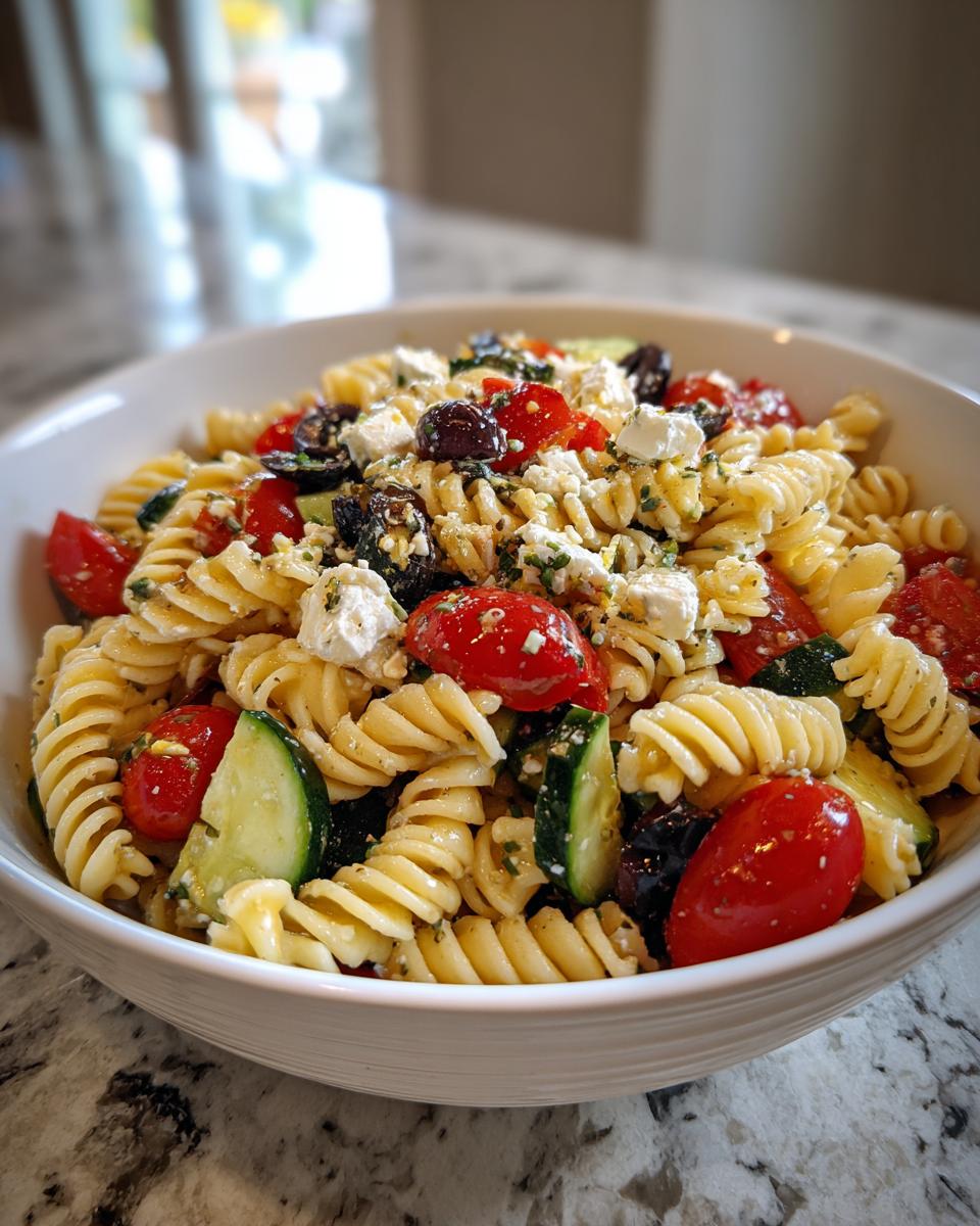 Close-up of a white bowl filled with Mediterranean pasta salad featuring rotini, cherry tomatoes, cucumber, olives, and feta cheese.