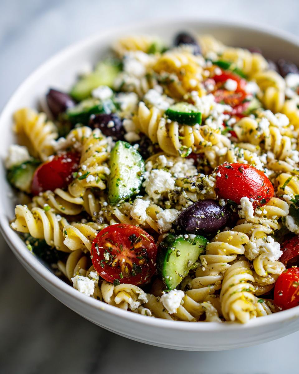 A close-up view of vibrant Mediterranean pasta salad featuring fusilli, feta cheese, cucumbers, tomatoes, and olives.