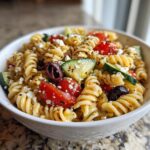 A close-up, appetizing view of a bowl filled with mediterranean pasta salad featuring rotini pasta, tomatoes, cucumber, olives, and feta.