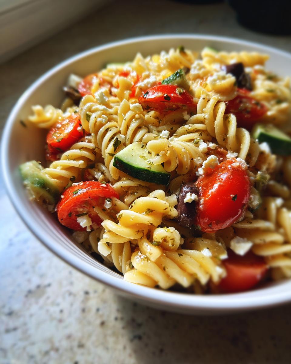 A close-up of a white bowl filled with vibrant mediterranean pasta salad featuring fusilli pasta, cherry tomatoes, zucchini, olives, and feta.
