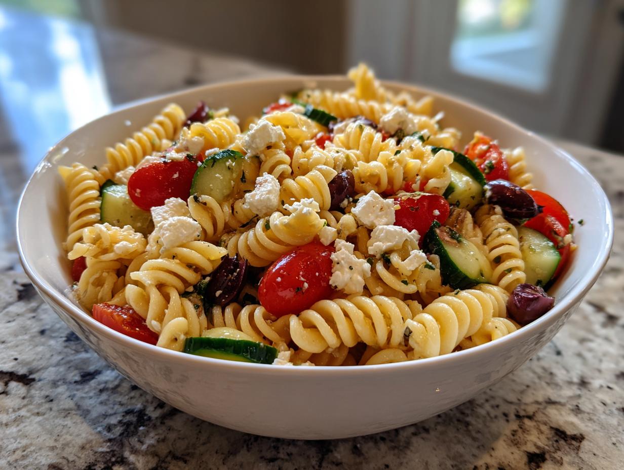 A close-up of a white bowl filled with vibrant mediterranean pasta salad featuring rotini pasta, tomatoes, cucumbers, olives, and feta cheese.