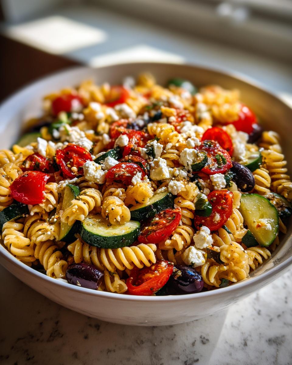 A close-up view of a vibrant mediterranean pasta salad featuring fusilli pasta, zucchini, tomatoes, olives, and feta cheese.