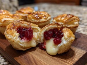Close-up of flaky pastry brie bites filled with melted brie cheese and bright red cranberry sauce.