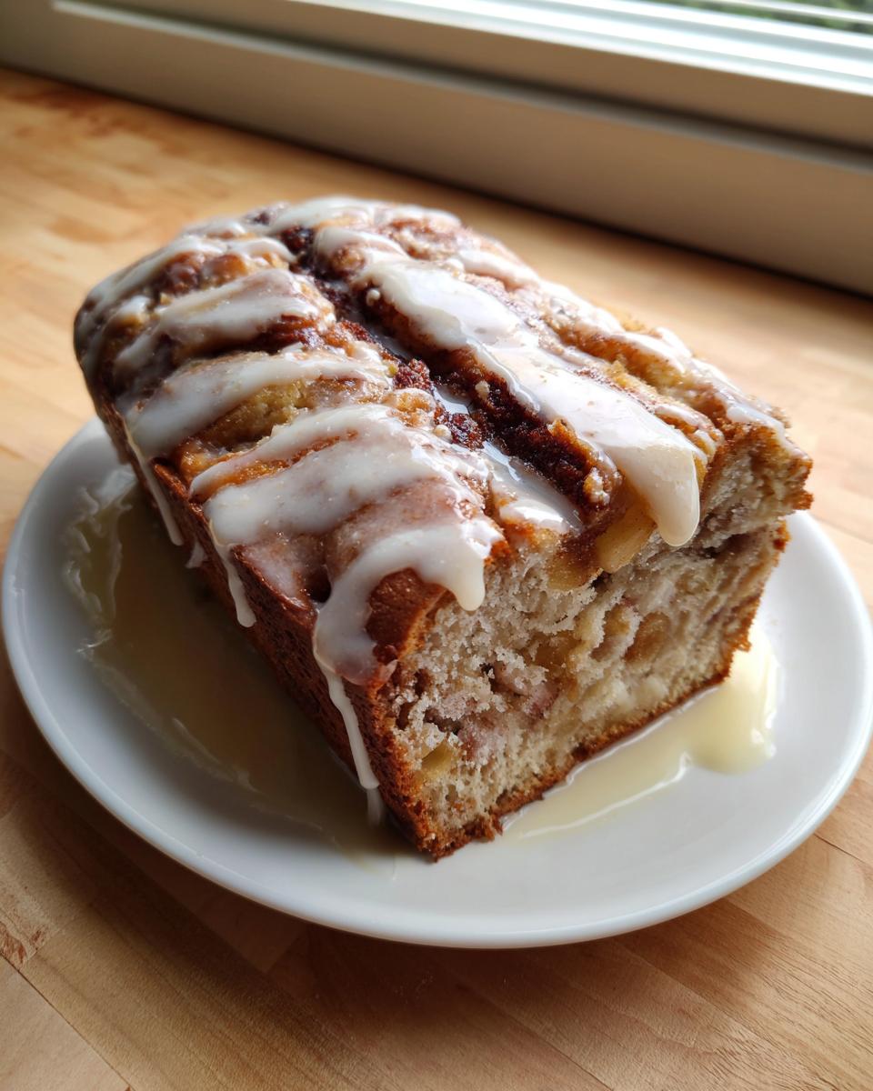 A slice of moist apple fritter bread drizzled generously with white vanilla glaze, sitting on a white plate.