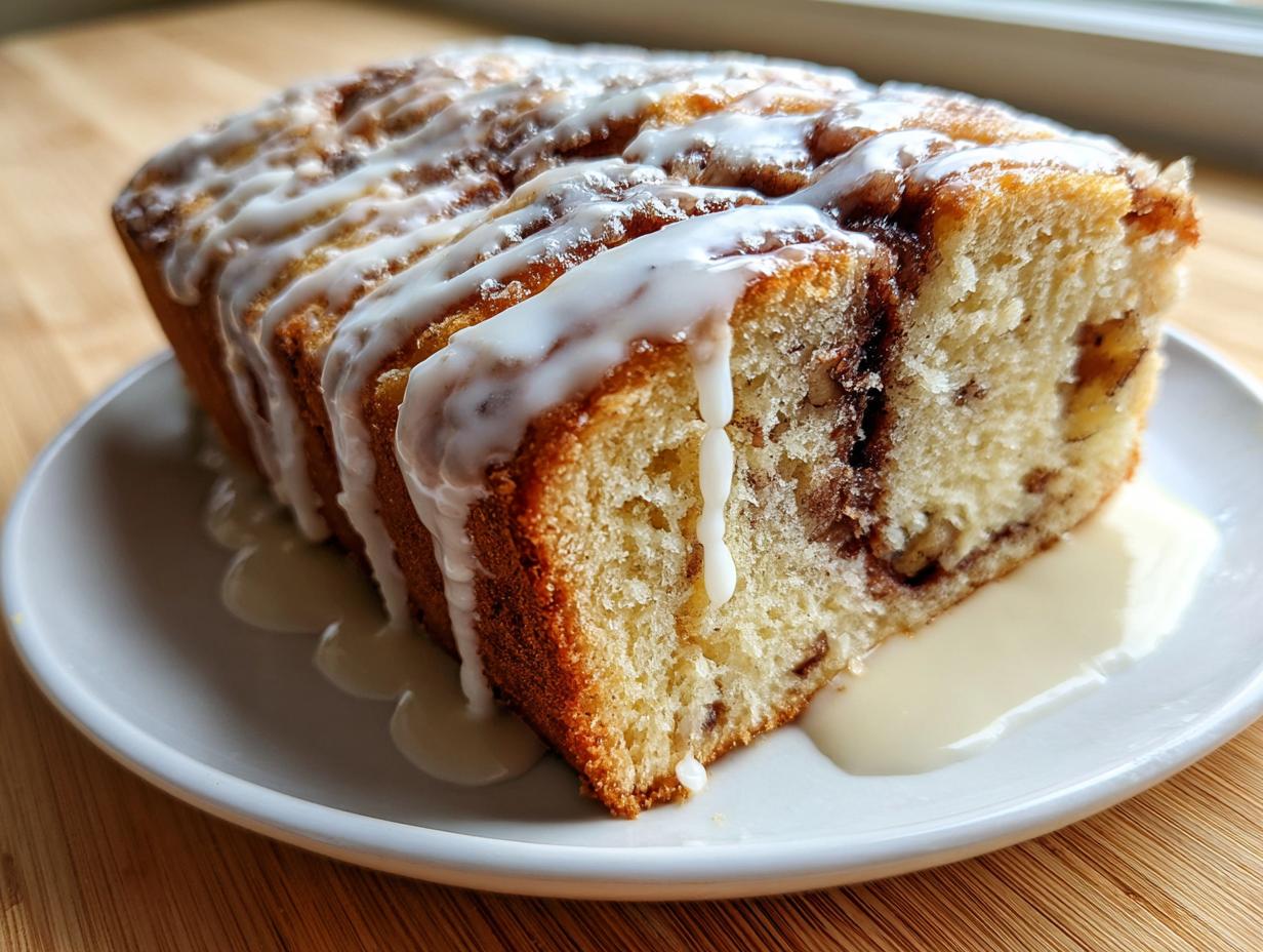 A loaf of moist apple fritter bread, sliced and drizzled generously with white vanilla glaze.