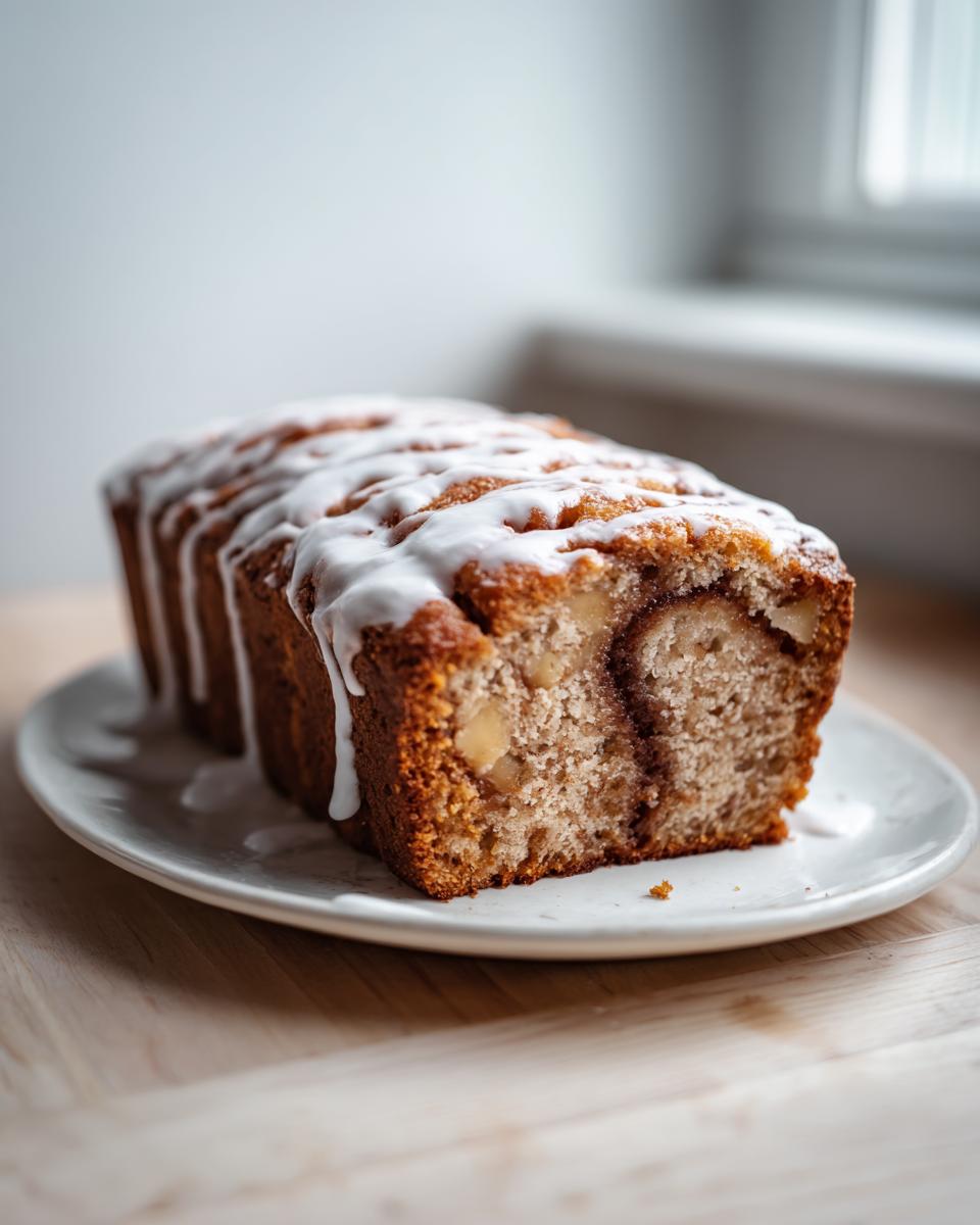 A loaf of moist apple fritter bread, sliced to show the interior texture and cinnamon swirl, topped with white glaze.