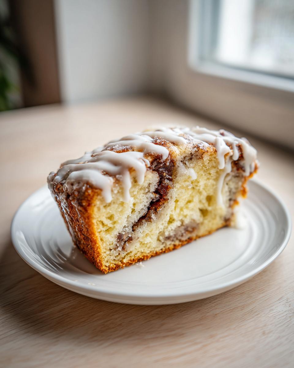 A moist slice of apple fritter bread topped with white vanilla glaze, sitting on a white plate.