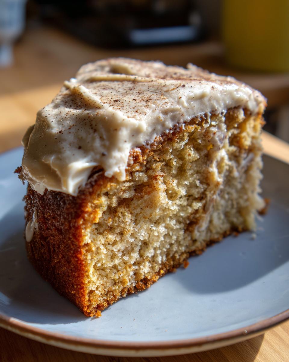 A close-up of a moist slice of applesauce cake topped with thick cream cheese frosting and sprinkled with cinnamon.
