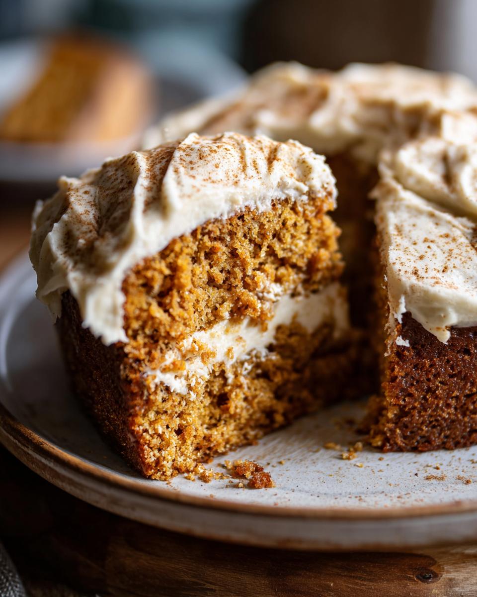 Close-up of a moist, two-layer applesauce cake slice showing the rich crumb, cream cheese filling, and cinnamon topping.