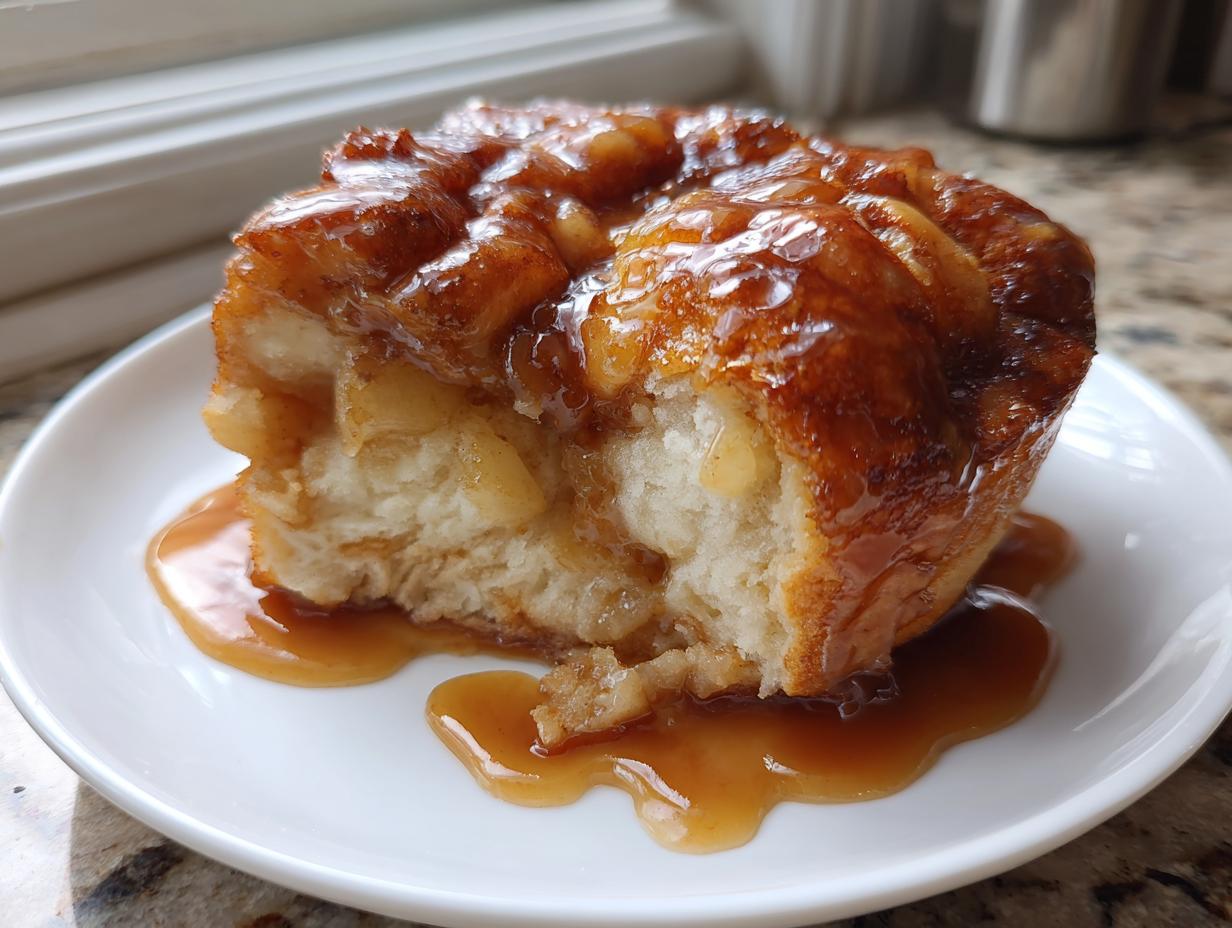 A close-up of a single, freshly baked apple dumpling covered in shiny caramel sauce, served on a white plate.