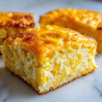 Close-up of a square slice of moist cream cheese corn casserole, rich with whole corn kernels.