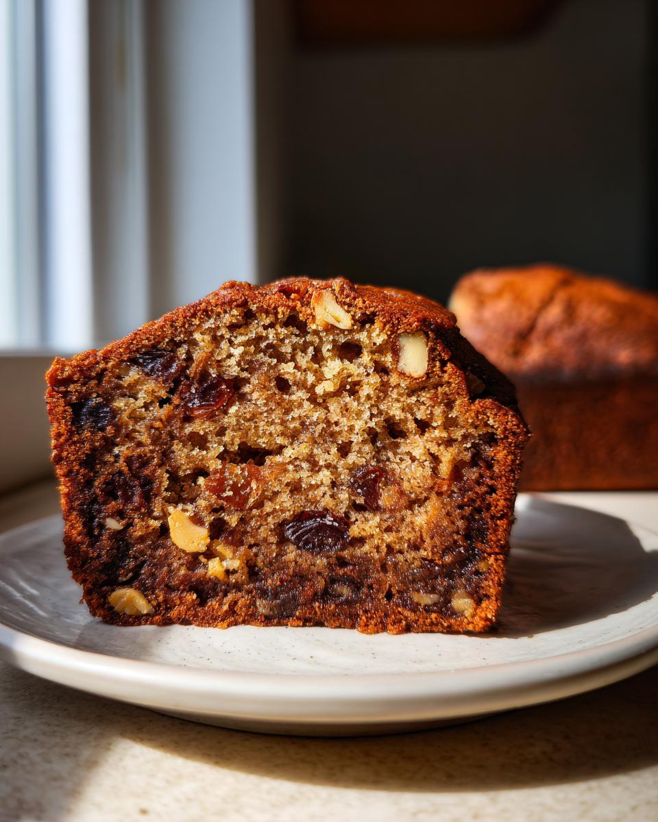 Close-up of a moist slice of date nut bread showing rich texture, dates, and walnuts, served on a small plate.