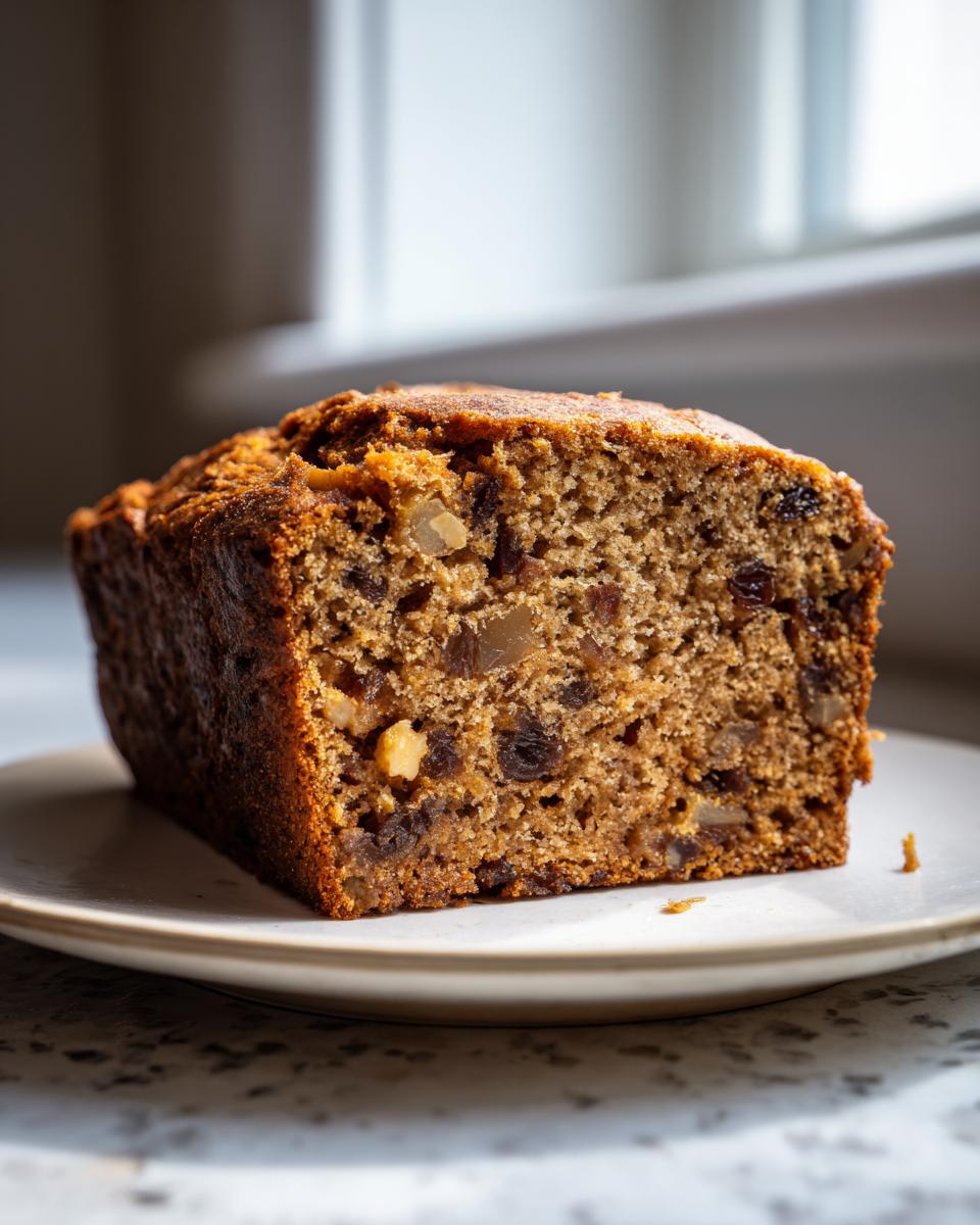 Close-up of a thick slice of homemade date nut bread showing the moist crumb filled with dates and walnuts.