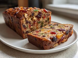 A moist fruit cake recipe loaf, partially sliced, showing colorful dried fruits and nuts inside.