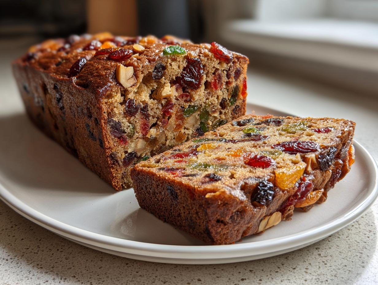 A moist fruit cake recipe loaf, partially sliced, showing colorful dried fruits and nuts inside.