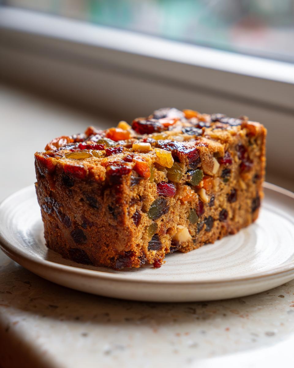 A close-up of a thick slice of moist fruit cake recipe packed with colorful dried fruits and nuts, served on a small plate.