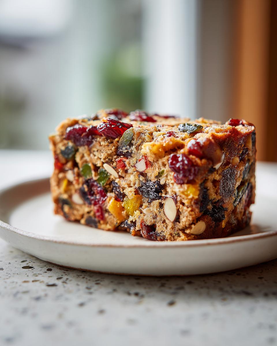 Close-up of a moist slice of fruit cake recipe packed with dried cherries, candied fruit, and sliced almonds.