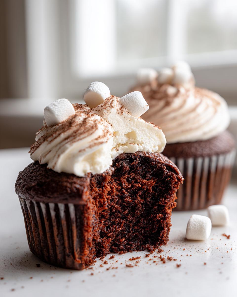 Close-up of a rich, dark chocolate hot chocolate cupcake with a bite taken out, topped with white frosting and mini marshmallows.