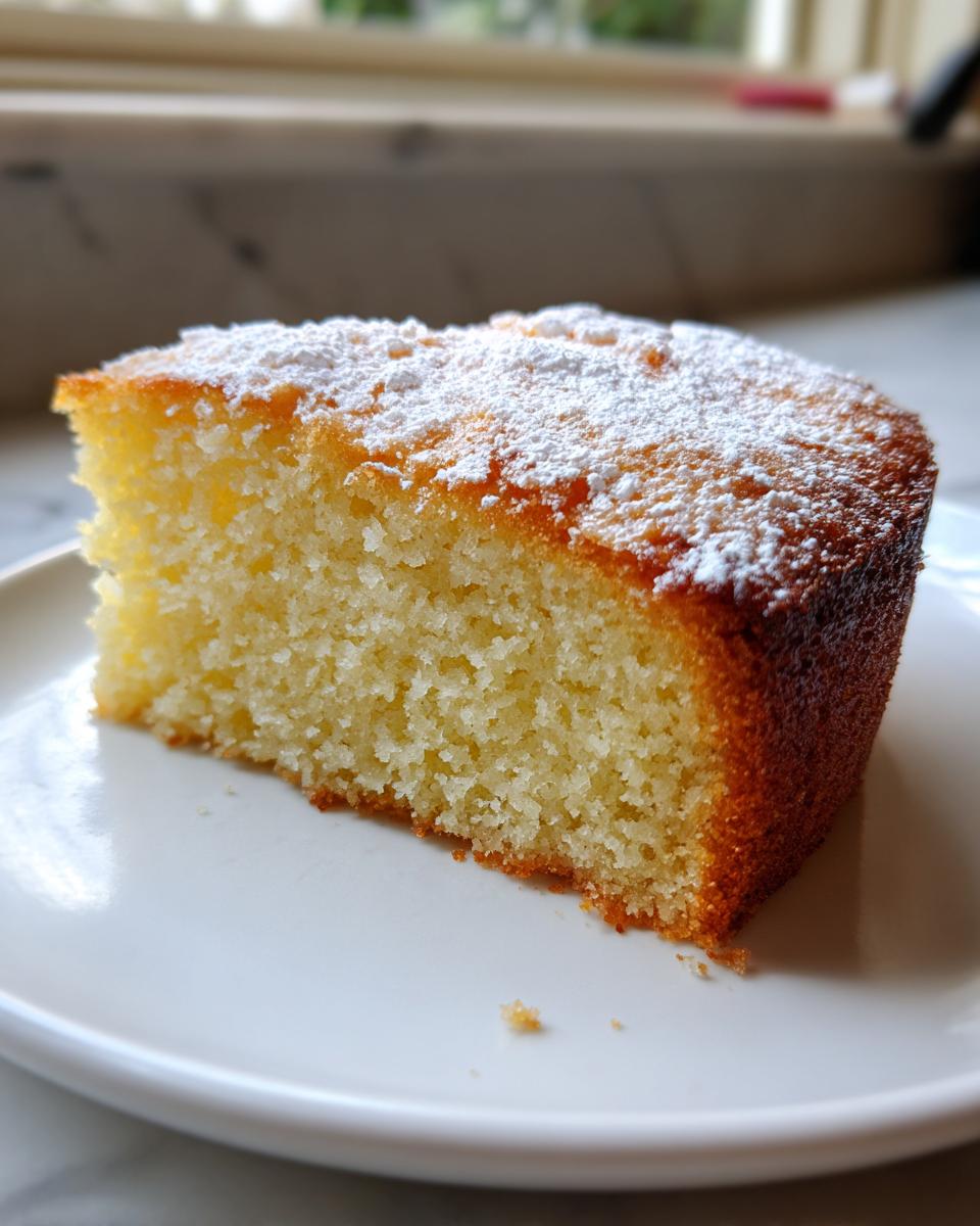 Close-up of a moist slice of olive oil cake dusted with powdered sugar, sitting on a white plate.