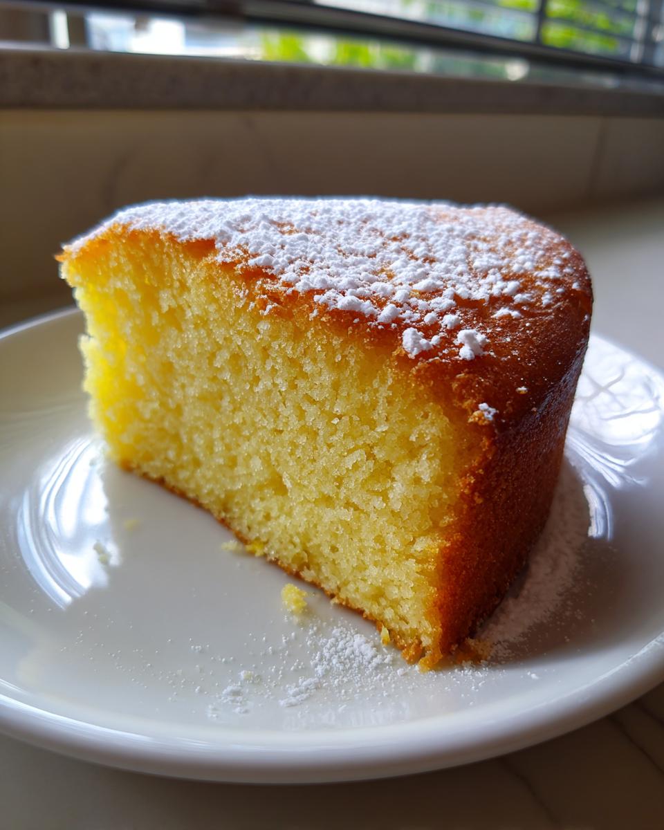 A close-up of a moist, yellow slice of olive oil cake dusted with powdered sugar on a white plate.