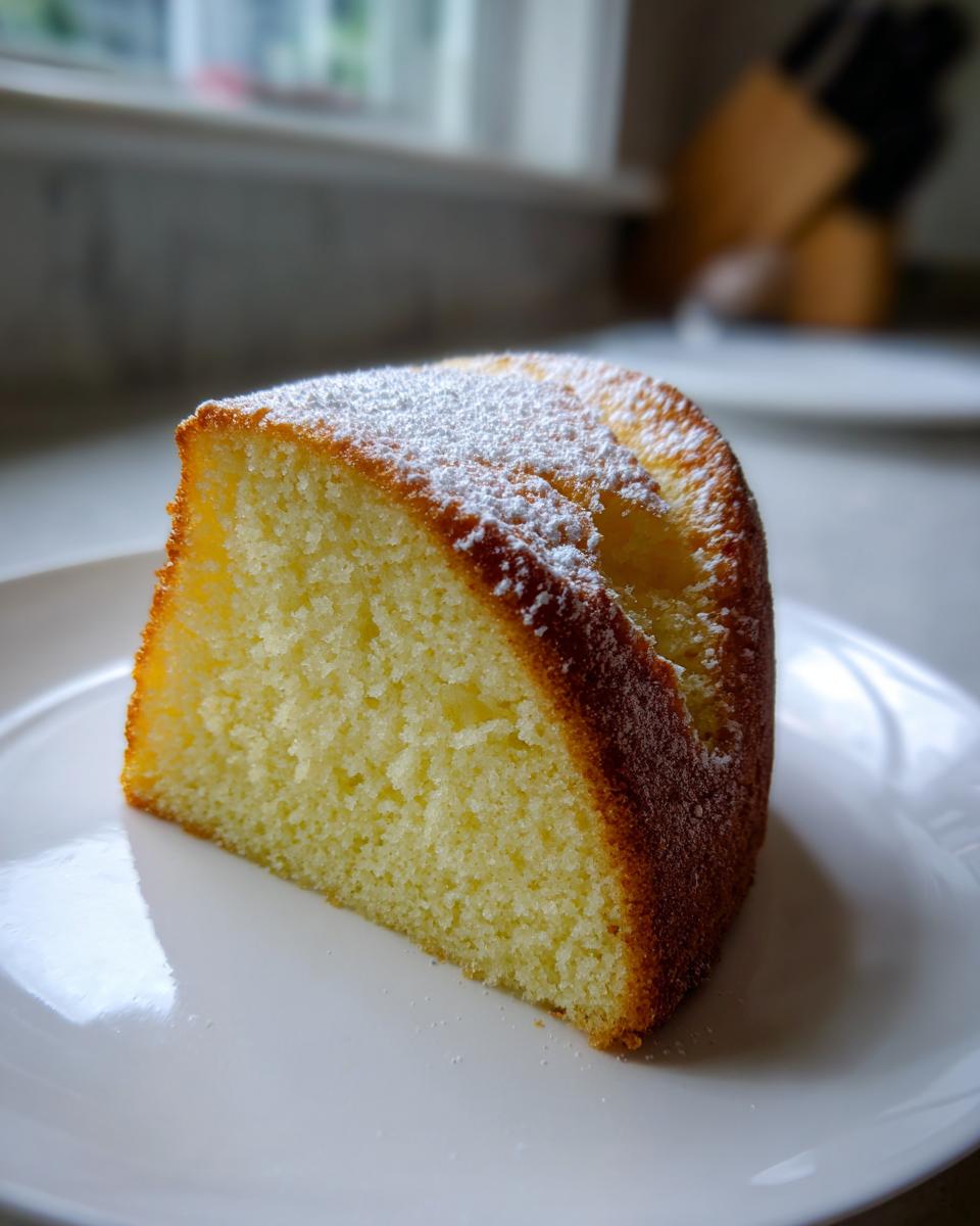 A close-up of a moist slice of olive oil cake dusted with powdered sugar, served on a white plate.
